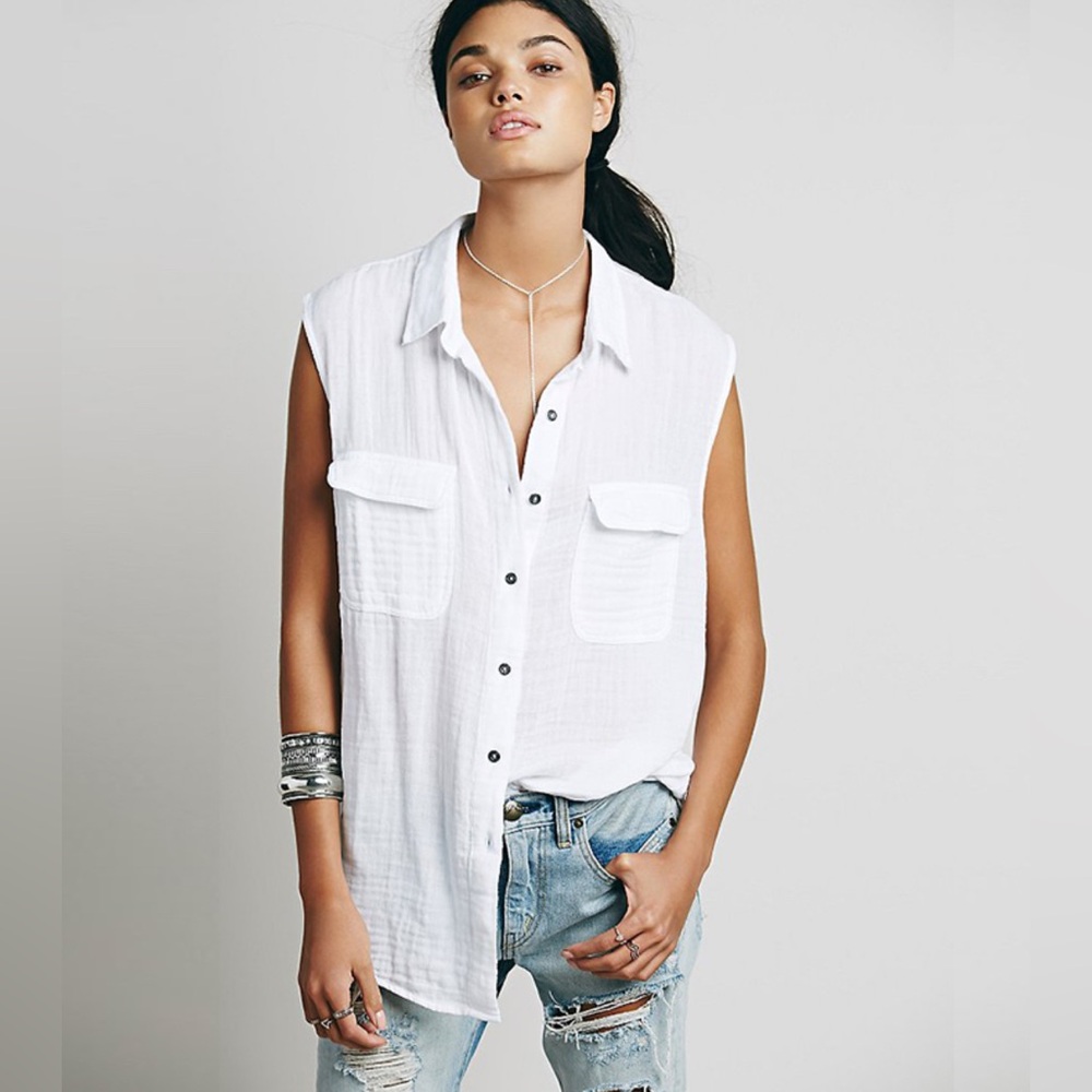 Free People Double Gauze White Button-Down Sleeveless Top